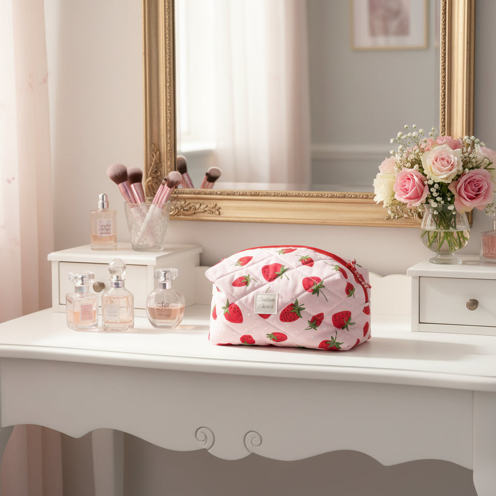Makeup bag with strawberry pattern on a vanity table with mirror and flowers.